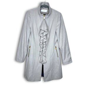 T TAHARI Light Gray Wool Blend Victorian Ruffle Front Mock Neck Pea Coat Size 12